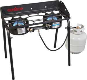 Camp Chef Explorer freestanding stove with side shelves